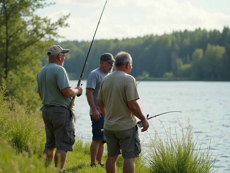 Three fishermen are standing by a lake. They are in the Russian countryside. It's summer. The fishermen are middle-aged men wearing t-shirts and shorts. Fishing rods in hand.