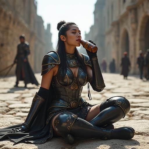 Female warrior in black and gold armor sits on stone ground. She holds a coarse bottle and drinks. Carefree smile shows wild spirit. Background features bustling warriors and stone buildings. Photorealistic style with full-body view.