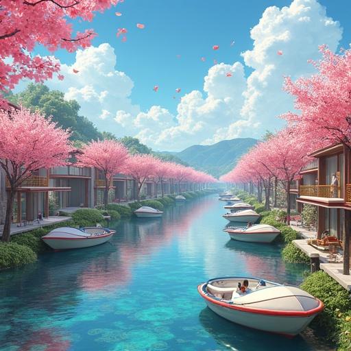Anime inspired artwork depicting a semi-futuristic fishing village during summer. Cherry blossom trees line the water where modern boats float. Morning light creates a serene atmosphere. High-tech elements are integrated into the village design, suggesting luxury and tranquility.