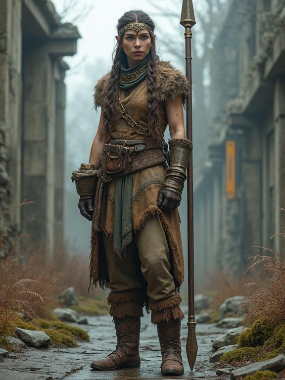 Photorealistic full-body portrait of a huntress from a neo-bronze age civilization. Standing in the moss-covered ruins of an ancient city in a winter climate. Features lean muscular build, pale freckled skin, and natural pigments. Confident expression with urban ancestry. Hair in braids with copper and bone adornments. Wears layered furs and leather clothing with bronze details. Handmade boots and utility pouch at her side. Long spear on back, stands in cracked pavement among overgrown structures. Cold light from overcast skies highlights textures beautifully in a cinematic style.