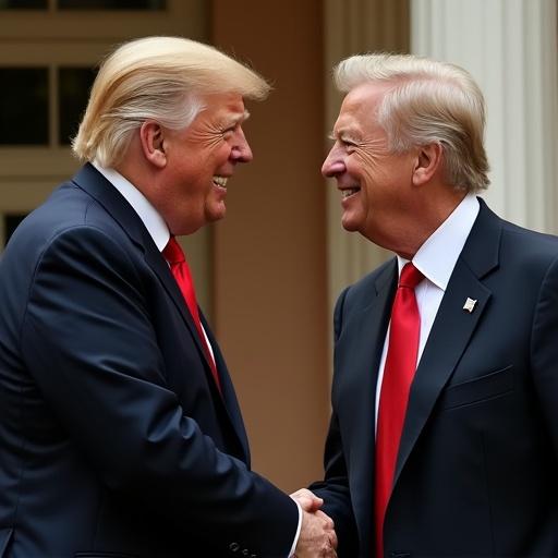 Trump engaging with Elon Musk in a friendly manner. Both are smiling and dressed in formal attire. The setting appears to be an outdoor location with natural lighting. The background hints at an official or semi-official event.
