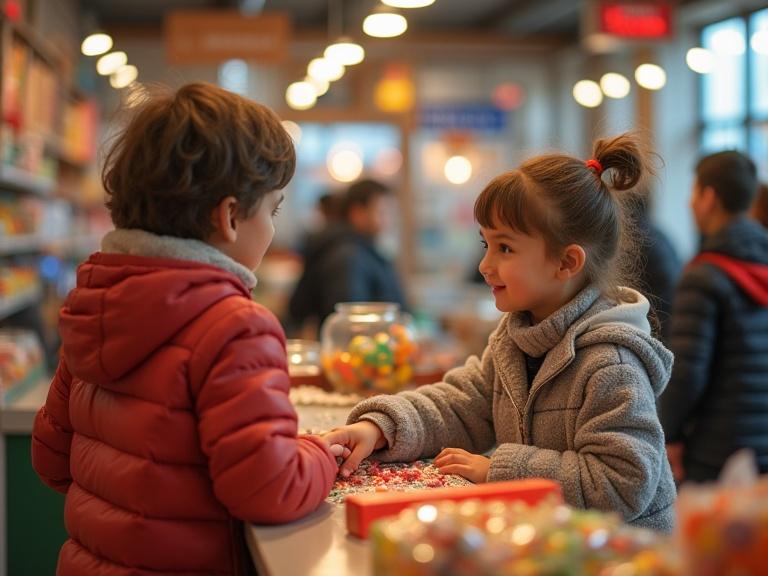 Children engaging at a candy store. They stand at the cashier. Interaction seems playful.