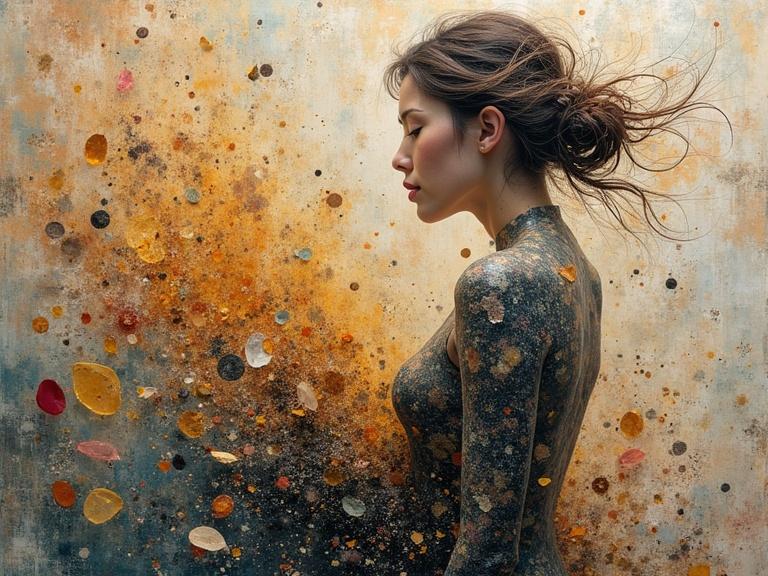 Mixed media artwork featuring a female figure composed of various textures and colors. Elements include newspaper, jute, wood, and confetti. The artwork combines layers, scratches, and tears, creating a stunning and evocative piece.