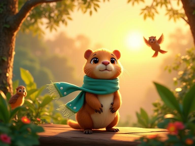 A cute capybara on a treetop platform at sunrise. Capybara has golden-brown fur, big hazel eyes, a tiny pink nose, and wears a teal scarf. Surrounded by cheering baby animals, colorful jungle flowers bloom nearby. Birds fly in the sky. Emphasizes joy and purpose. Style is Disney Pixar.