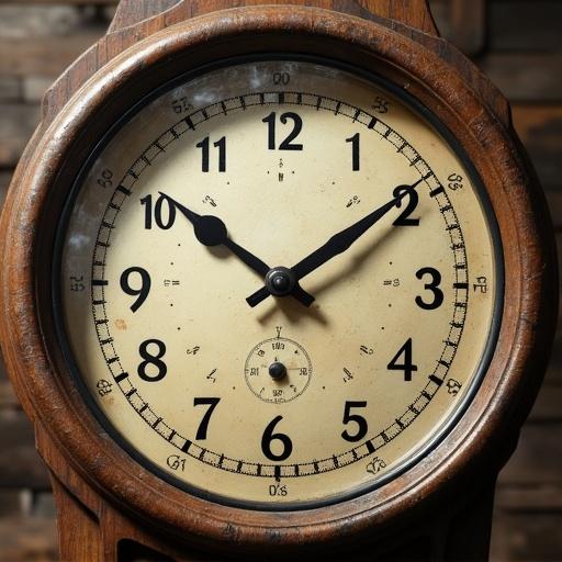 A close-up of a vintage wall clock. The clock has a wooden frame and a large beige face. Black numbers are clearly visible, with two hands pointing to the time. Background features a wooden wall.