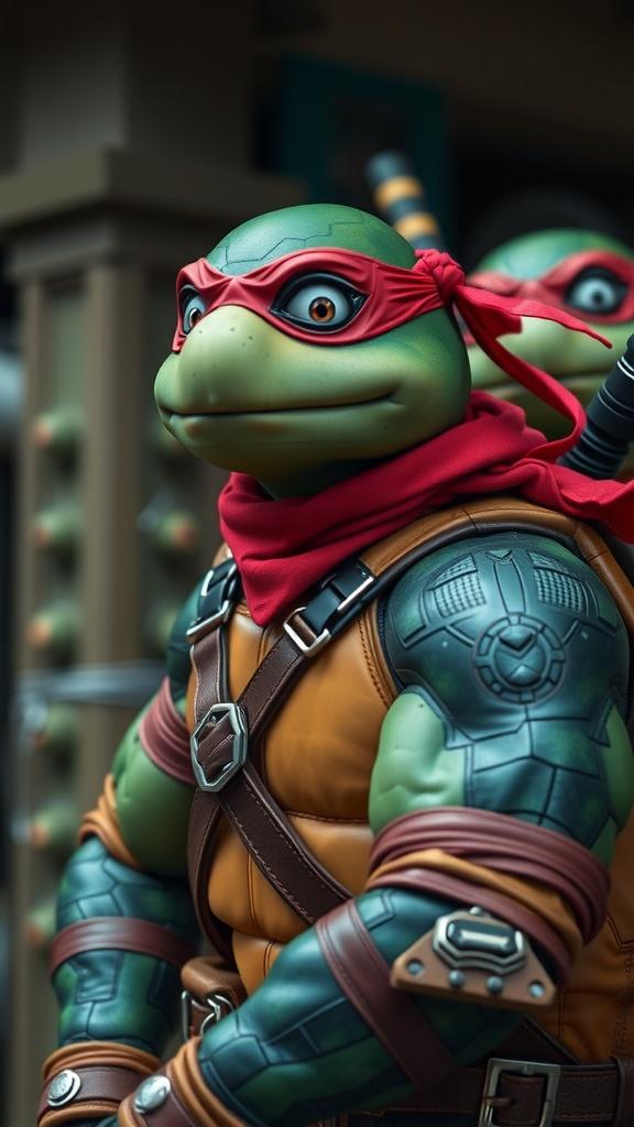 This image features a character that appears to be a humanoid turtle warrior, wearing a red mask and detailed armor. The character displays a confident and determined expression, complemented by the intricate texture of its green-hued skin and brown leather straps. The background suggests an urban environment, enhancing the character's readiness for action.