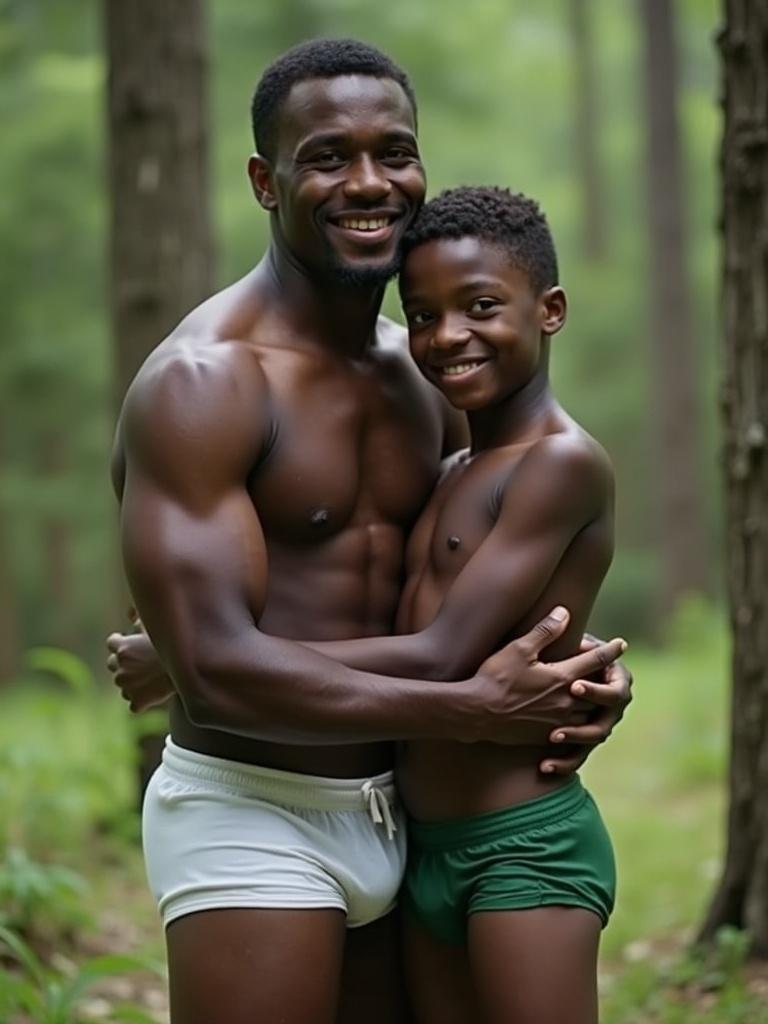 A black man is hugging a white boy. The man is in a white speedo. The boy is wearing green trunks. They are in a forest setting.