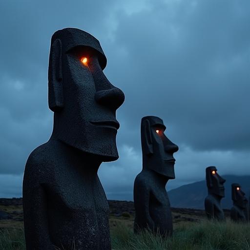 Moai statues of Easter Island with glowing eyes. Statues appear to create an encrypted QR code pattern. Scene at dusk linking ancient mysteries with modern digital security.