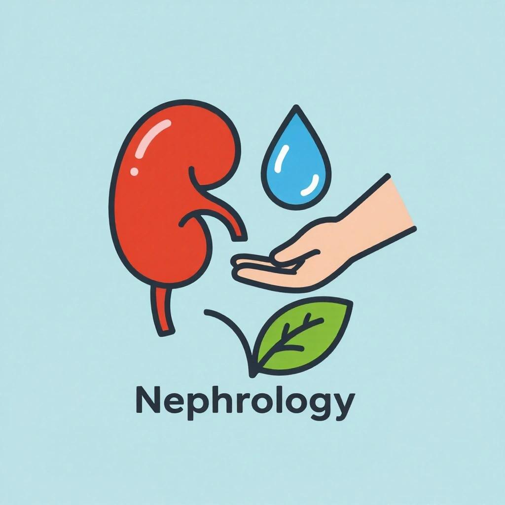 A logo for a nephrology clinic contains a red kidney a blue drop of water a green leaf a hand carrying them
