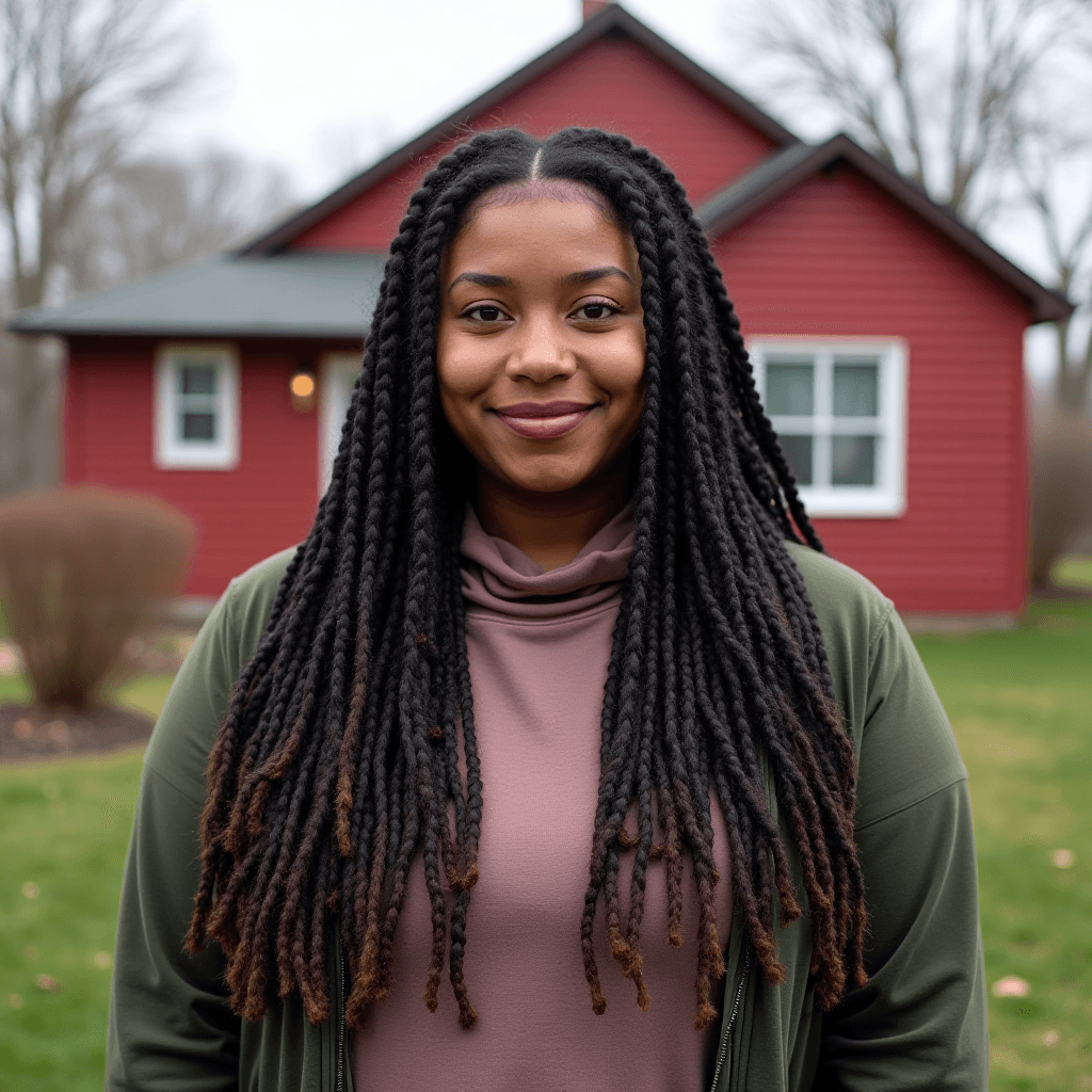 A person with long braided hair stands confidently with a slight smile in front of a charming red house with white windows, set against a blurred background of leafless trees and green grass.