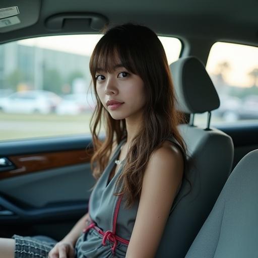 Japanese high school girl sitting inside a car. The girl has brown hair and is wearing a casual outfit. The background shows an urban setting with cars in the distance.