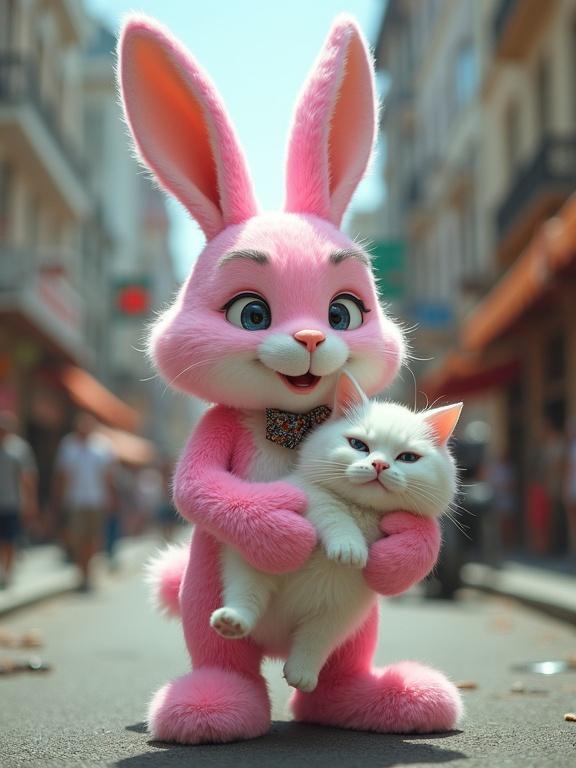 A large pink rabbit holds an injured white cat while standing on a bustling street. The atmosphere is vibrant with a slightly surreal quality. The rabbit looks friendly and colorful.