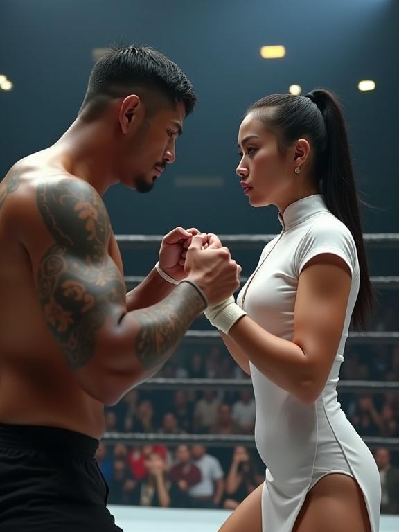 In an MMA arena a man and woman face off in intense confrontation. The man is dark-skinned with a muscular build and tattoos. He is barefoot and has his fists clenched. The woman is an Asian female in a short-sleeved qipao with a deep neckline and high slit also barefoot. Both are ready for combat in a metal-fenced boxing ring. The background shows crowded stands and bright lighting highlighting the fighters.