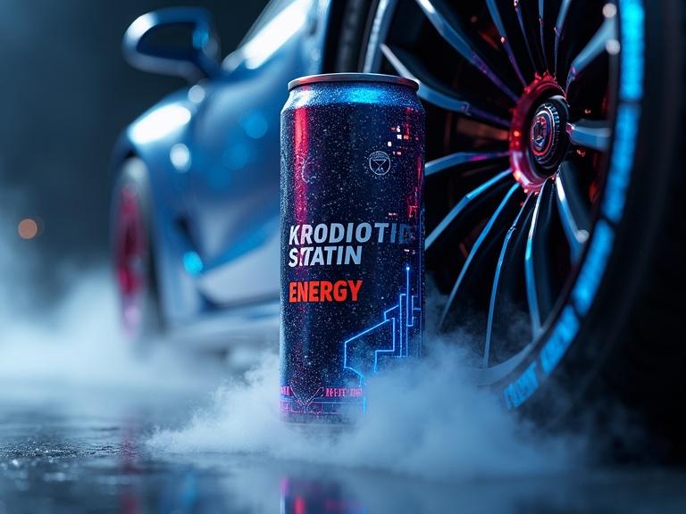Futuristic sleek can of energy drink labeled 'KONSTANTIN ENERGY' placed beside glossy wheel of a show car. Electric circuit design on the can. Fog surrounds the can with low angle perspective showcasing sophistication. Lightning whirlpool visually enhances the scene.