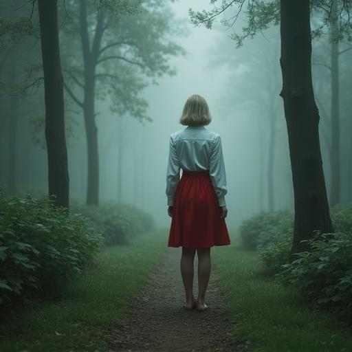 Ethereal beauty in a misty forest. Woman wearing a white shirt and red skirt. Blonde bob hairstyle. Barefoot standing on a path through trees. Cinematic lighting effect. Hyperrealistic and detailed image.