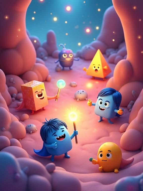 Vertical 3D cartoon poster set inside a child’s body in a glowing fantasy world. Soft organic playful environment. Fish-eye view of cartoon vitamin characters like geometric forms holding glowing magic wands. Tired cartoon cell-creatures glowing and transforming after being touched by vitamins. Warm soft lighting with sparkles.