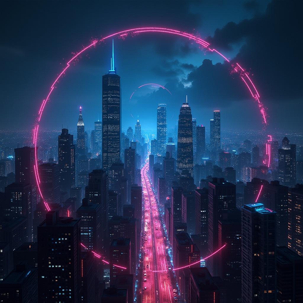 A dark captivating scene showcases a complex neon megacity skyline. This artwork serves as a music album cover featuring the text Big Room House DJ Droptronixx.