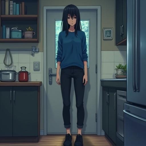 Scene depicting a character in an indoor living room and kitchen during daytime. Background includes a TV broadcasting death news and kitchen pots. Character is a middle-aged female with long black hair, wearing blue clothes, black pants, and black shoes. Character appears cold and gloomy, looking into the kitchen with a still left hand and a right hand about to enter. The atmosphere is depressingly horror-themed.