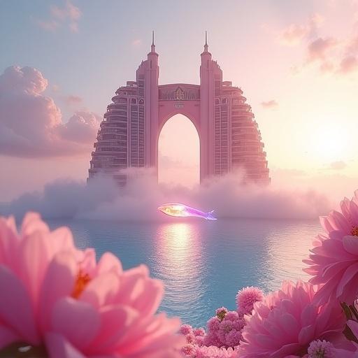 Surreal romantic fantasy reinterpretation of Atlantis The Palm in Dubai. Iconic pink building surrounded by pastel clouds and huge peony flowers. Calm, glowing sea with cotton candy colors. Central arch reveals a massive crystal sugar whale float into the sky. Dreamy sky with golden light and dandelion particles. Magical heaven atmosphere, soft depth of field, pastel tones.