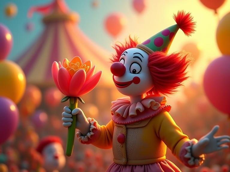 Circus art medium shot clown making flower balloon sculptures close up playful illustration style vibrant balloons colorful costume bright big top background warm golden lighting best quality vivid colors 3D rendering detailed textures cartoonish joyful atmosphere creative composition