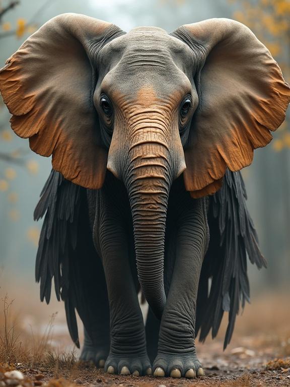 Animal hybrid featuring an elephant with bird characteristics. Elephant with a beak and feathers. Unique animal creation. Meandering path in a forest.