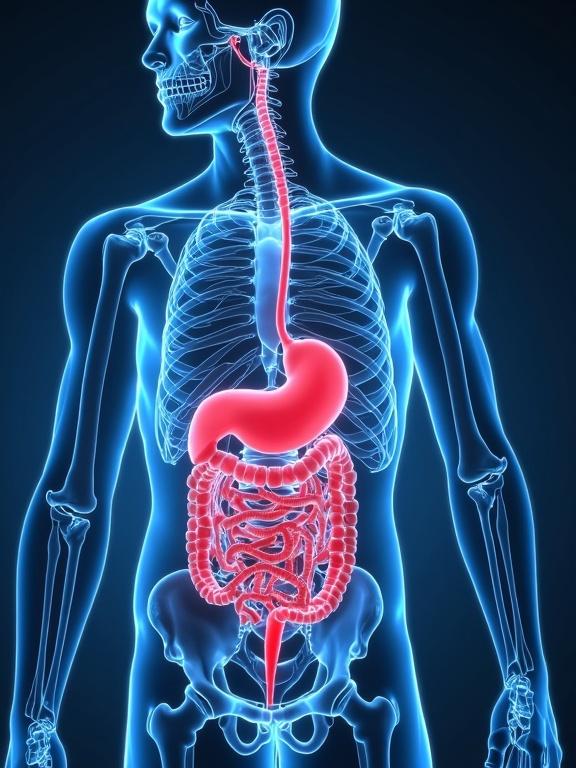 An anatomical illustration of the human body highlighting the digestive system and nervous system with vibrant colors. Shows organs like the stomach and intestines vividly against a dark background.