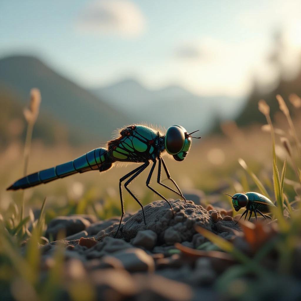 Hyper-realistic representation of a large dragonfly and a small fly on a rocky surface. Set in a natural environment with blurred mountains in the background and soft golden hour lighting.