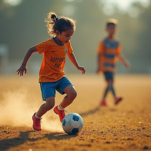 Image shows a child playing soccer barefoot on dirt. A contrasting side shows a person donating a box of Nike shoes. The first side emphasizes the downside of not having proper footwear.