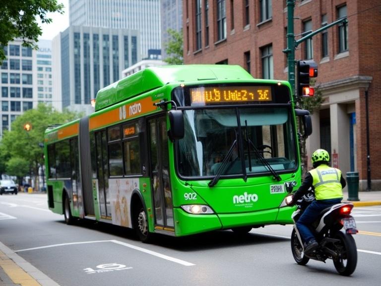 Photograph of a bright green city bus with Metro logo and route number 902. Digital sign shows Queen St. Modern design with white side advertising. Urban street with a motorcycle officer in neon yellow safety vest. Mix of modern and historic buildings in the background. Trees signify urban greenery. Well-lit with daylight.