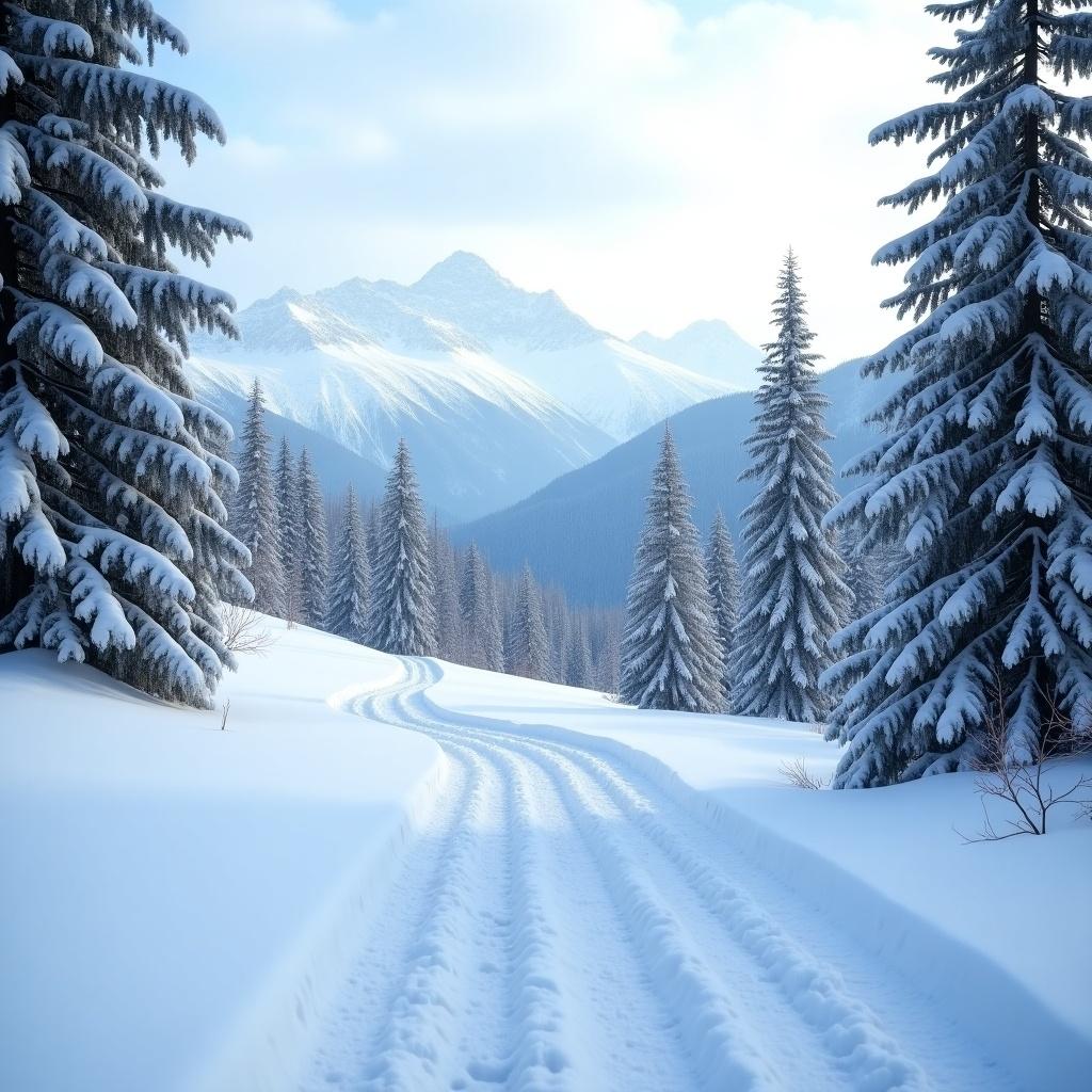 Image captures a serene winter landscape with snow-covered trees and distant mountains. A winding path leads through the snow. Scene is tranquil with soft overcast light. Clear tyre tracks in foreground suggest previous visitors. Evokes feelings of peace and beauty of nature in winter.