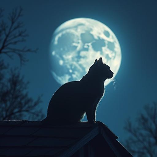 A cat sits on the roof and looks at the full moon