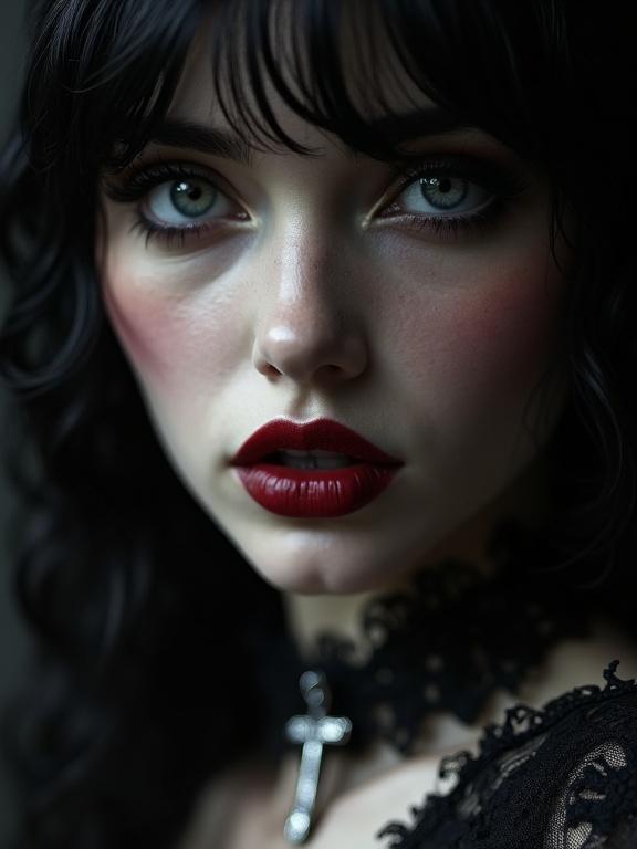A close-up photograph of a Gothic woman's face. She has intense eyes and dark red lips. Her black hair is styled elegantly. A silver cross pendant is visible under her black lace collar. The image is in black and white with strong contrasts, capturing a film noir style.