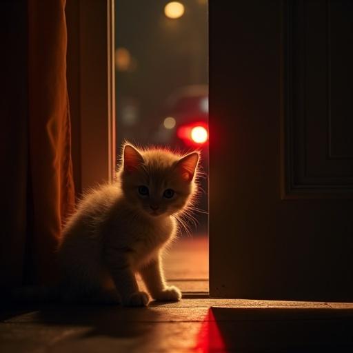 A small fluffy kitten sits by a closed door. It peers through a narrow gap at the bottom. Outside, only distant taillights of a car are visible. The room is dimly lit with warm light. The atmosphere is cozy yet melancholic. The kitten looks curious or slightly sad. The focus is on the contrast between warmth inside and cold darkness outside. High detail on the kitten's expression and the door texture.