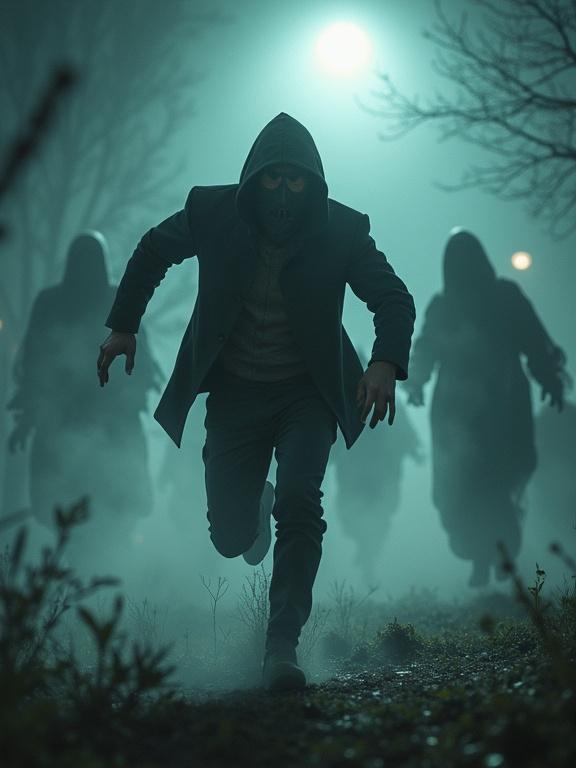 Person runs away in panic. Ghosts appear in a spooky setting. Motion lines illustrate speed. Dynamic pose creates urgency. Eerie atmosphere enhances fear.