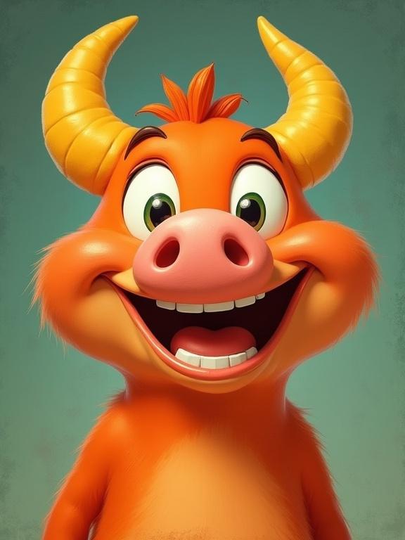 Vintage cartoon character features a rounded face with a pig nose and big eyes typical of 40s era cartoons. It has two yellow rounded horns on its head, a big smile, and bright orange skin.