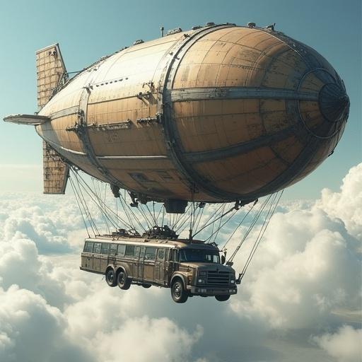 Image depicts a gigantic steampunk airship transporting a ground vehicle resembling a bus. The airship features a complex metallic structure with visible cables and mechanisms. The suspended vehicle is robust with wheels and windows. The scene floats above dense clouds, creating a sense of grandeur. Fine and precise artistic style enhances the monumental scale of the craft.