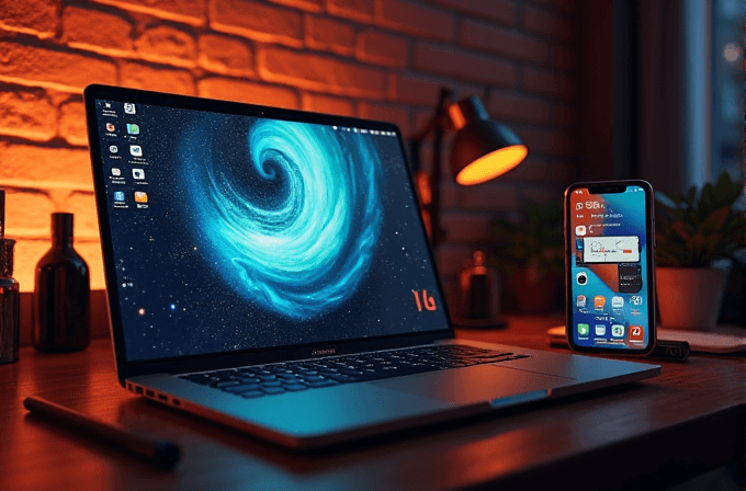 A laptop with a swirling blue galaxy wallpaper is next to a smartphone on a desk with warm lighting and a brick wall background.