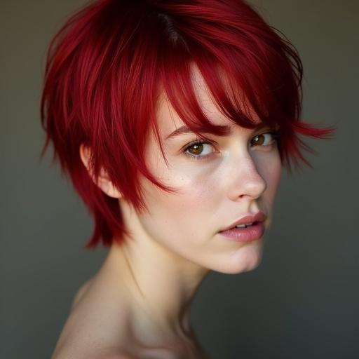 Close-up portrait of a woman with red short hair. Focus on facial features and expression. Soft background enhances beauty.
