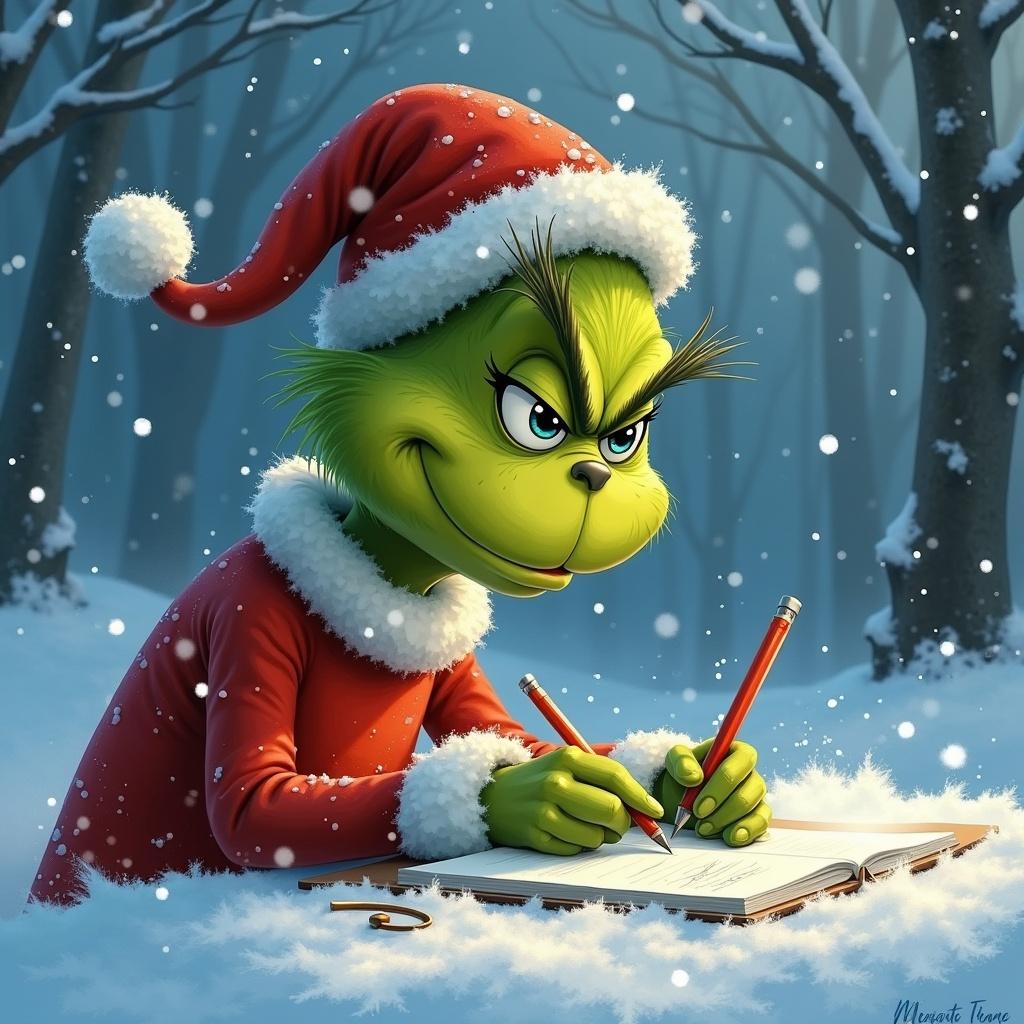 The image depicts the Grinch, a well-known character from Dr. Seuss, dressed in a red Santa outfit. He is sitting in the snow, intently writing in a book. The snowy landscape surrounds him, creating a winter wonderland atmosphere. Snowflakes gently fall around him, adding to the festive scene. His green fur contrasts vividly with the red of his outfit. The overall mood combines mischief and holiday cheer, capturing the essence of the character during the Christmas season.