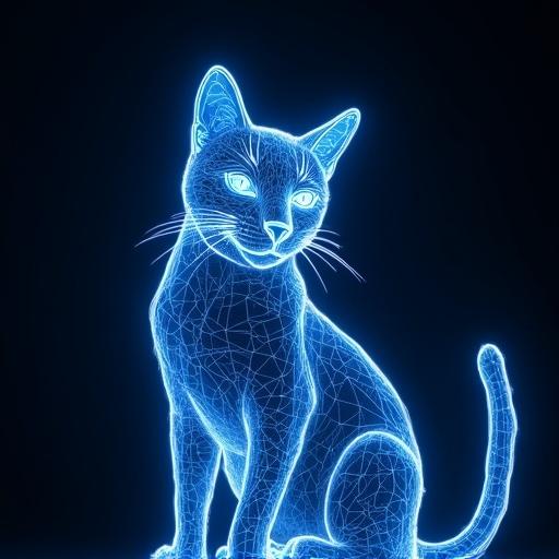 Digital art of a cat represented in a wireframe style glowing in neon blue. The cat sits in a relaxed position with emphasis on its contours and features created by lines in the digital space.