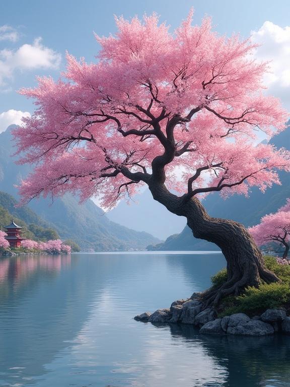 Ancient sakura tree in front of a lake. Mountains and Japanese temples in background. Nature scene with pink blossoms.