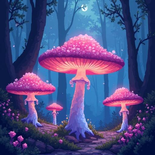Pixel art depicting a luminous forest featuring giant mushrooms made of crystal and diamonds. Background shows a mystical environment with trees and a glowing moon.