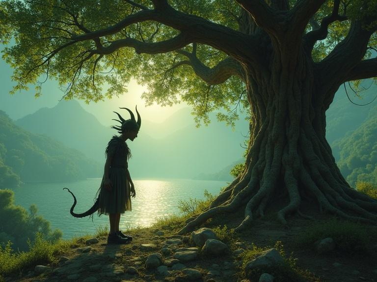 A beautiful demon interacting with the Tree of Life. The demon has horns and a tail. The tree is large with thick roots and green leaves. A serene lake is in the background with mountains. Soft light illuminates the scene creating an ethereal feel.