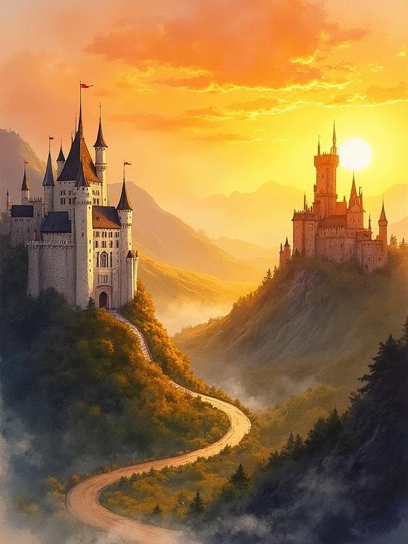 Cinematic watercolor and ink artwork of two hilltop castles under a golden sunset. The left castle has white stone walls and central courtyard. The right castle features a tall keep with a fluttering banner. Surrounded by a serene valley and ink splatters. Masterpiece quality art.