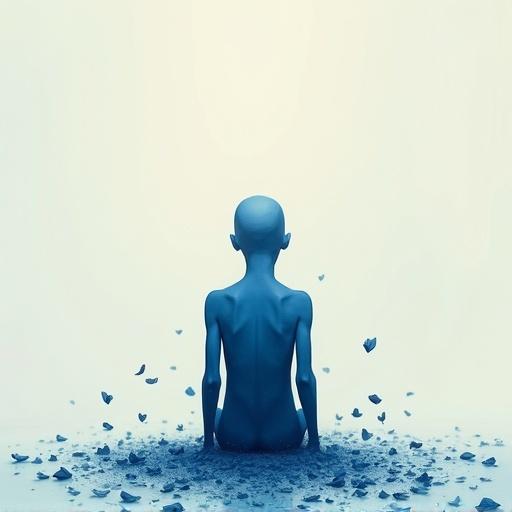 Bald human figure is tall and thin. Silhouette has a fill of blue color. Figure sits in the center of the image. Petals fall around the figure. Composition is dreamlike and minimalist. Style is contemporary with abstract forms and textured brushwork. Visual storytelling is emotive. This is a visual metaphor illustration.