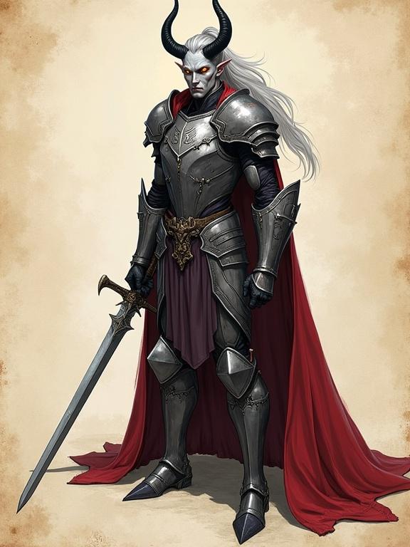 Pen sketch features tall imposing male tiefling paladin with ash-gray skin and glowing amber eyes. Long silver hair tied back in ponytail with sleek black curved horns. Stern and haunted expression with thin scars on cheekbones. Immaculate plate armor with infernal sigils. Dark crimson cloak flows behind him. Noble and tense stance with long sword. Detailed with colored pen style and visible pencil strokes. Soft lighting and stylized depth of field. Background resembles ancient parchment.