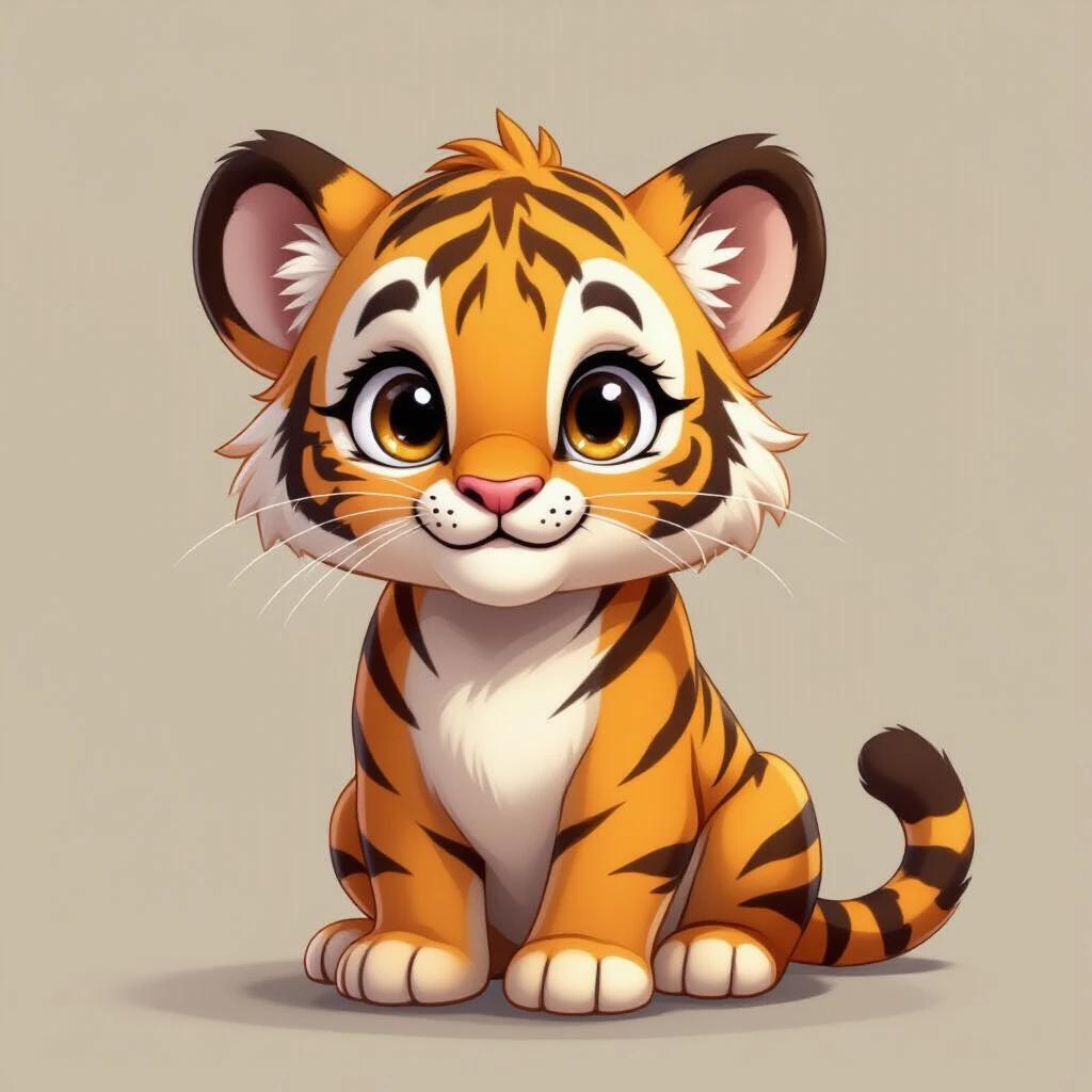Character image for a virtual pet game. Design a cute tiger with big eyes and a friendly expression. The tiger is sitting and looking directly at the viewer. Have orange fur with black stripes and a white belly. The background is neutral.