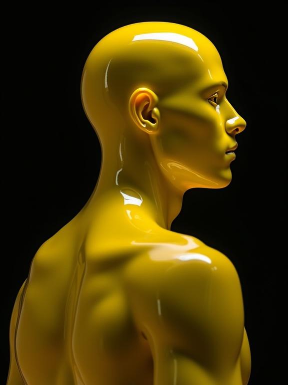 A yellow matte plastic figure displayed in side view against a black background. The figure showcases a smooth texture that captures light subtly. It is devoid of facial features to focus on the silhouette and form.