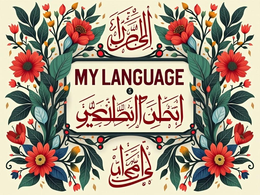 Create an artistic piece titled 'My Language is my Pride and Honor'. The artwork should showcase the beauty and importance of the Arabic language. Incorporate floral designs that represent the richness of the culture. Include Arabic calligraphy with uplifting phrases about the significance of language. Use vibrant colors to enhance the visual appeal and convey a sense of celebration. The overall design should evoke feelings of pride and appreciation for the Arabic language.