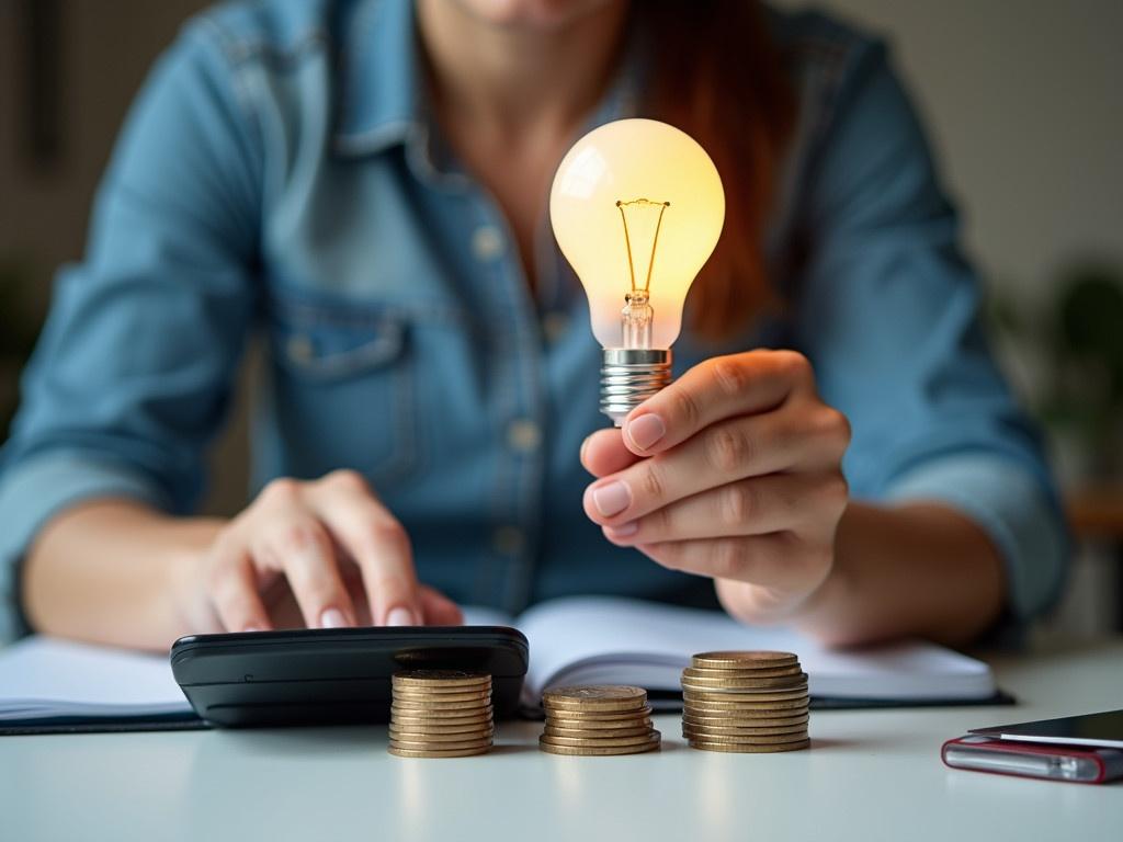 In a softly lit office, a person holds a glowing light bulb in one hand, symbolizing innovation or a bright idea. Their other hand is poised above a calculator, hinting at financial calculations or business planning. In the foreground, stacks of coins of varying heights are arranged neatly, representing savings or investments. The background features a blurred notebook and other office supplies, creating a professional atmosphere. The person's shirt is denim, adding a casual touch to the serious context of finance and business.